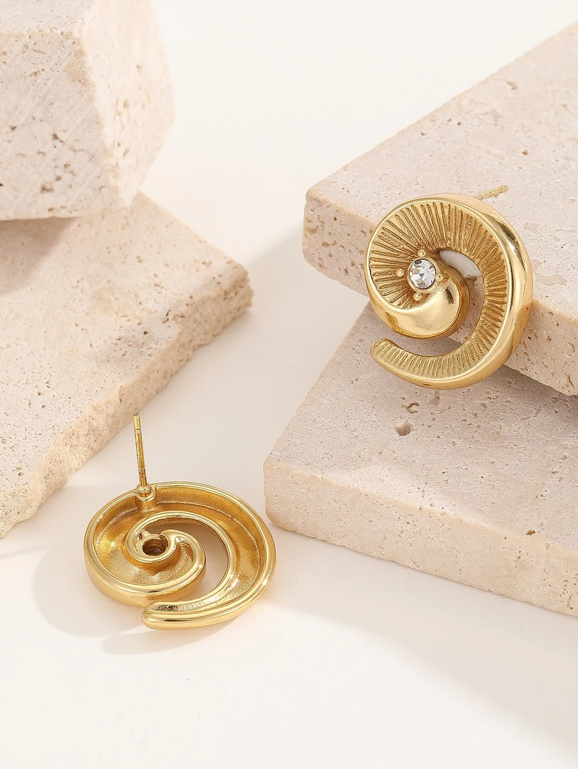 钛钢耳饰 新款金色钛钢不规则螺旋耳钉男女款气质E801