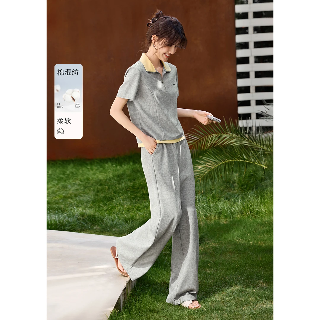 XWI/欣未【拼接美学】2025夏季亲肤感假两件撞色T恤长裤套装5C005