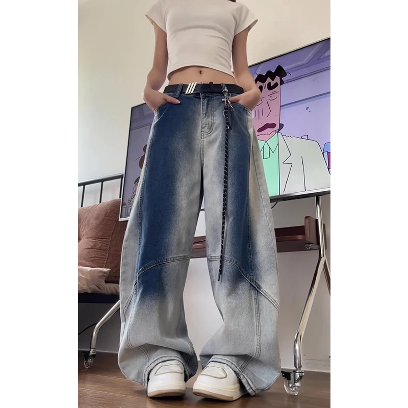 美式街头做旧水洗渐变牛仔裤女秋季新款高个子解构设计宽松阔腿裤