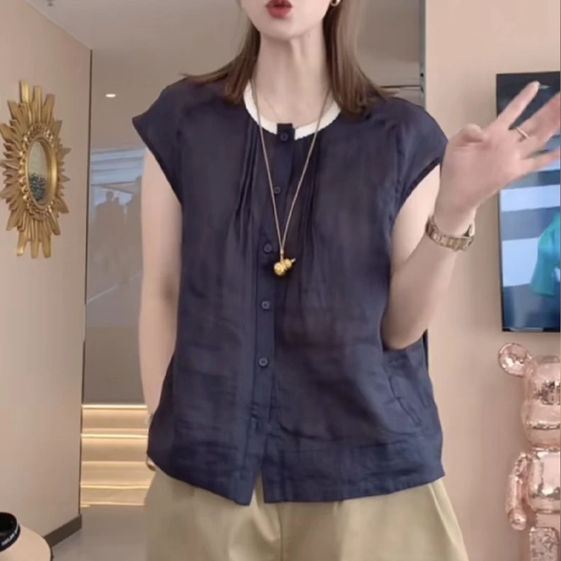 拼色设计感圆领短袖T恤女2025年夏季新款时尚百搭设计感开衫上衣