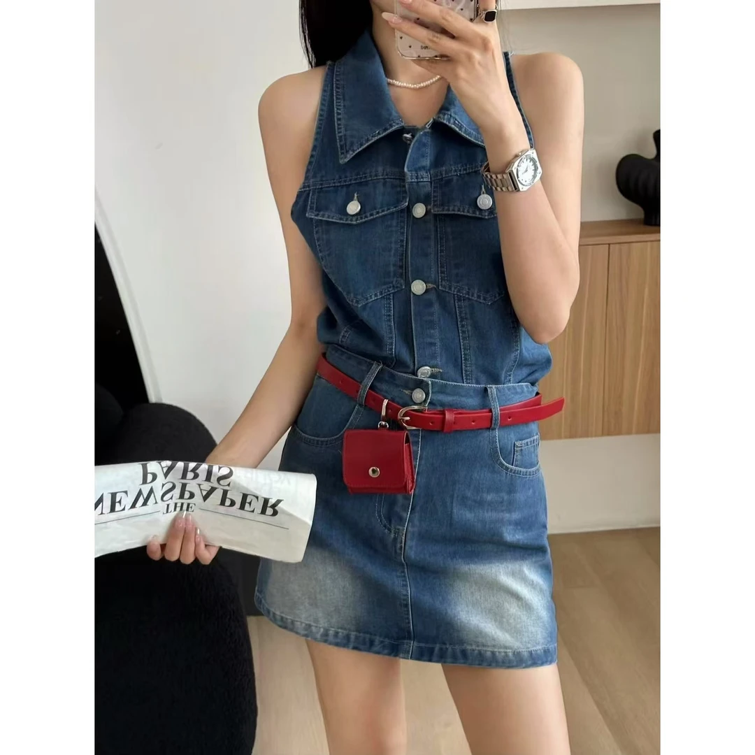 SP【LA辣妹】翻领无袖牛仔马夹背心上衣女百搭包臀半身裙套装配腰包