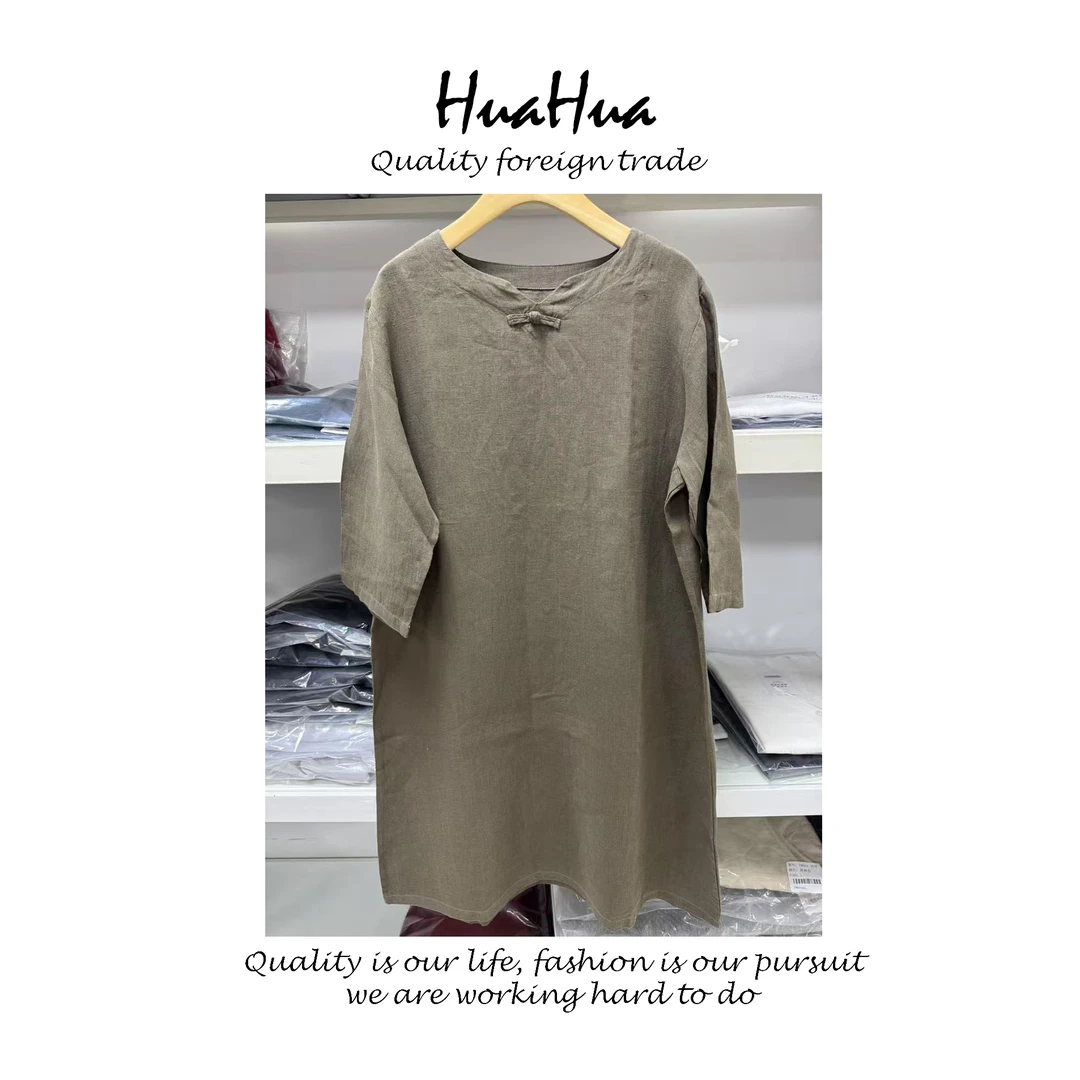 HUAWY 宽松文艺春夏季女士砂洗亚麻盘扣中长款上衣大码 Y5779