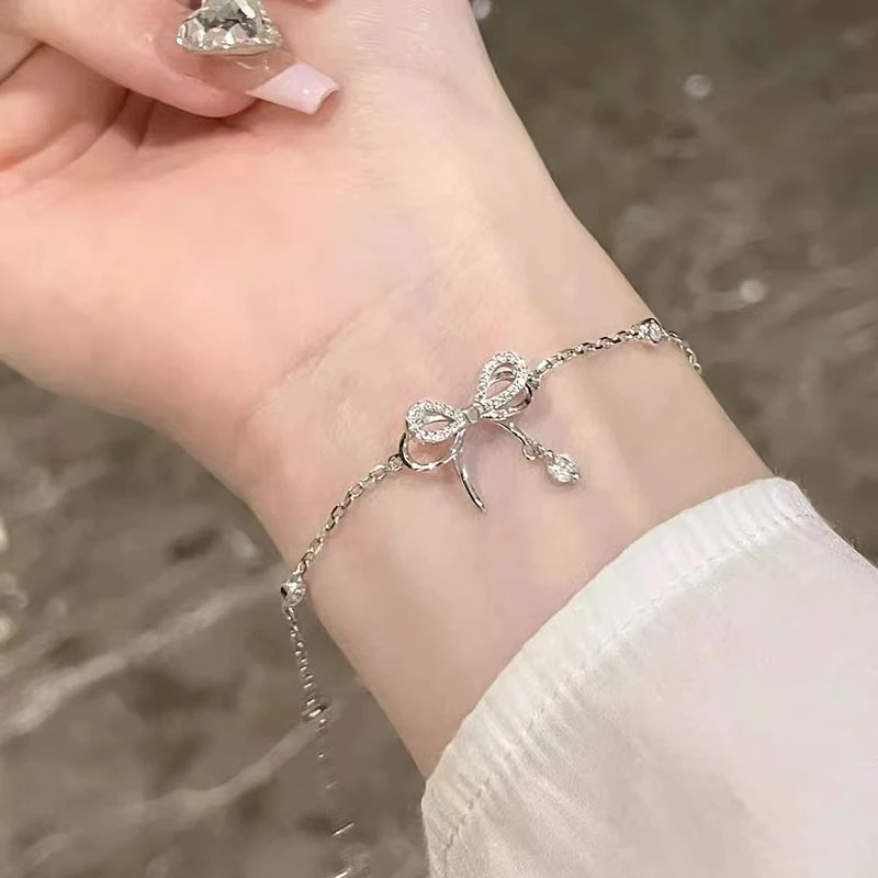 足银手链 足银990蝴蝶结锆石手链女百搭夏季新款纯银轻奢设计手饰