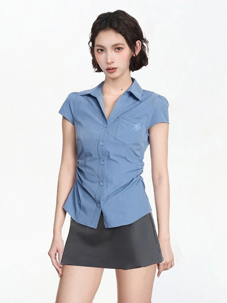 蓝色polo领正肩短袖新款衬衫女夏季修身短款收腰气质显瘦衬衣上衣