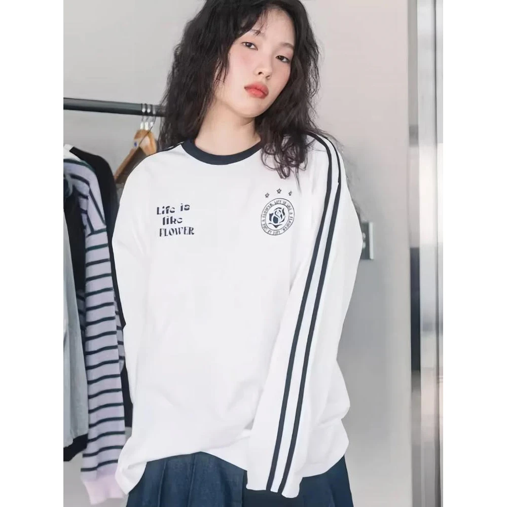 美式复古白色休闲长袖T恤时尚女秋季新款设计感小众宽松显瘦上衣