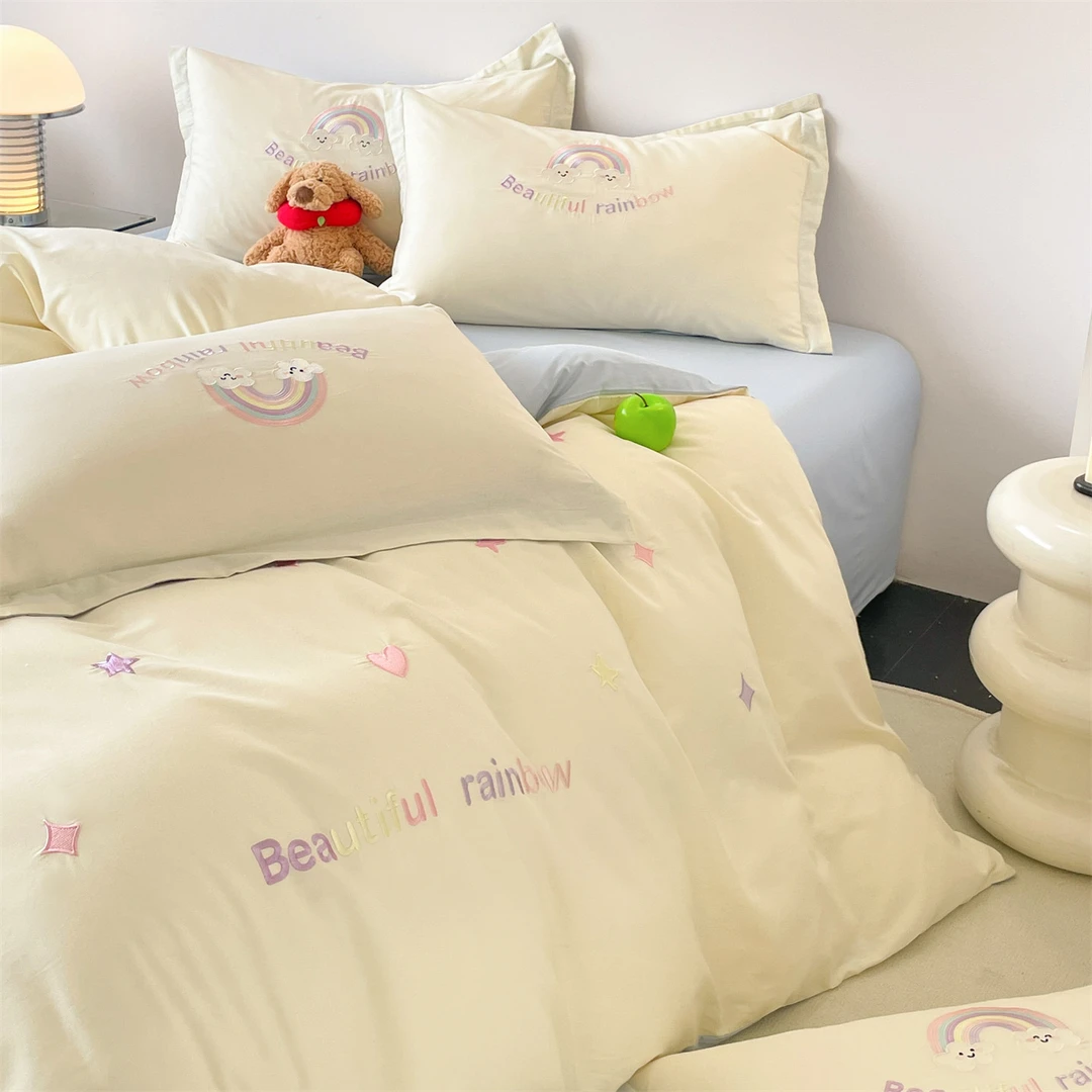 夏季水洗棉刺绣床上四件套奶油风被套床单床笠三件套学生宿舍床品