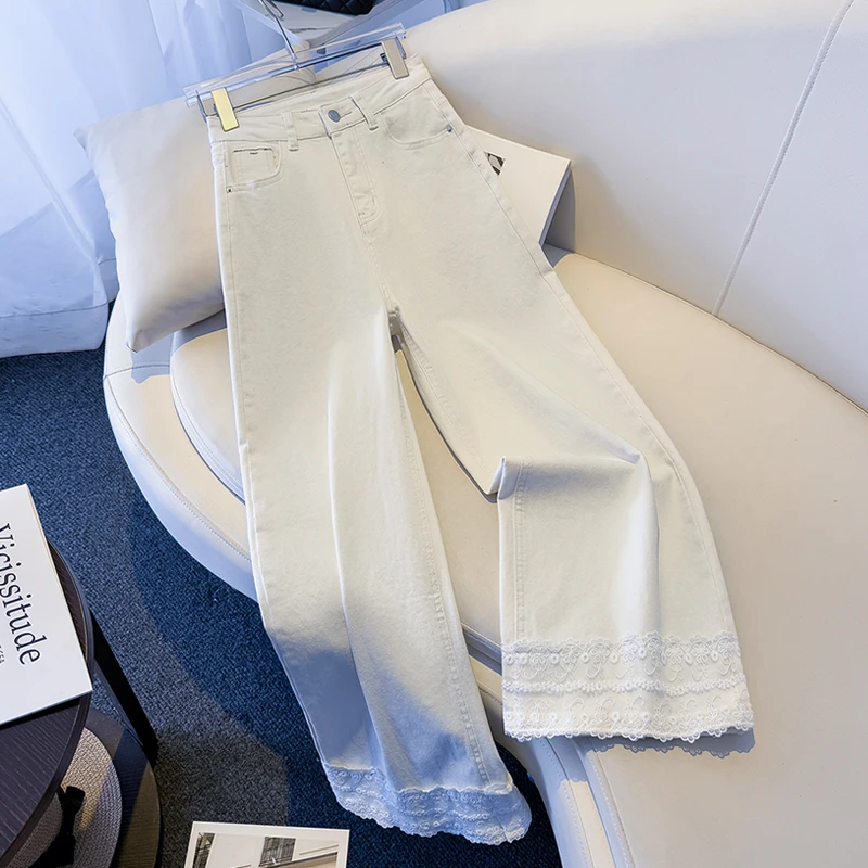 白色牛仔阔腿裤女夏季2025新款今年流行爆款高腰显瘦蕾丝边直筒裤