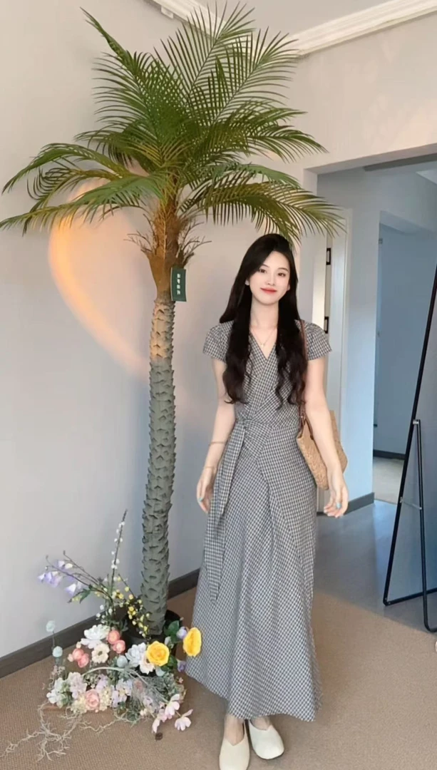 AN.XIN【长岛冰茶】格子韩系春夏小个子设计感交叉绑带连衣裙5056