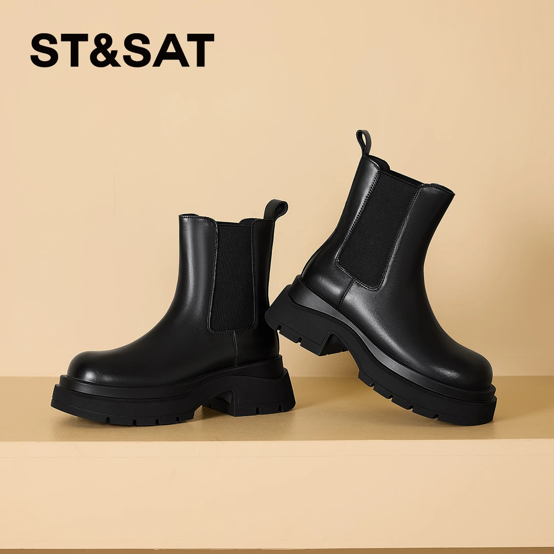星期六【雪花纷飞】中筒厚底百搭英伦PU人造皮革圆头马丁靴女显脚小