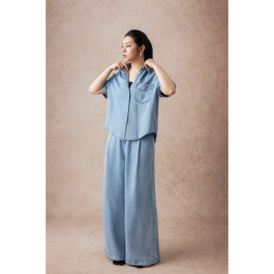PLUSMALL 丹宁海屿 天丝垂感牛仔布宽松衬衫开衩半裙直筒裤三件套