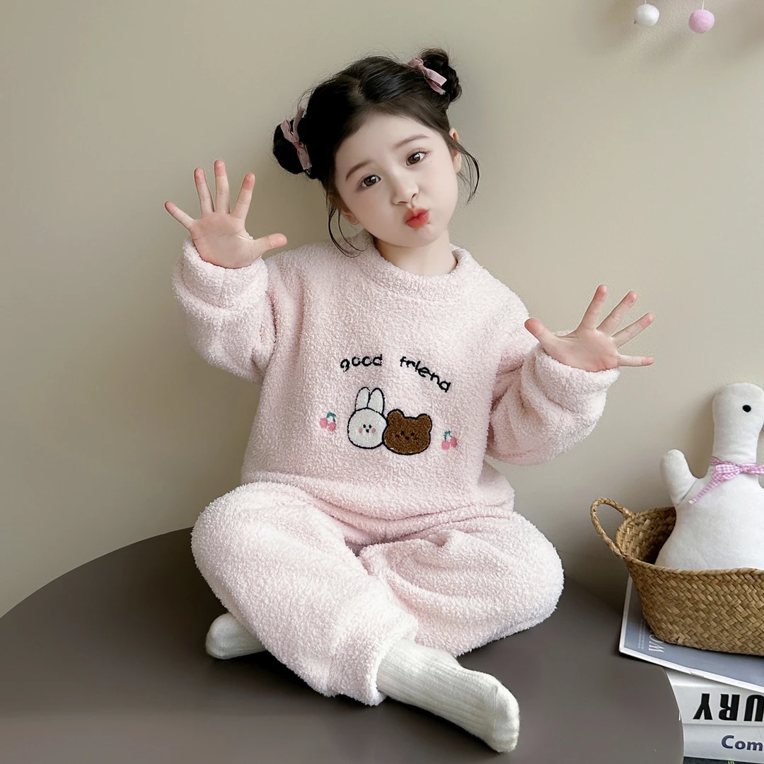 女童睡衣秋冬季保暖半边绒女孩宝宝可爱分体套装儿童法兰绒家居服