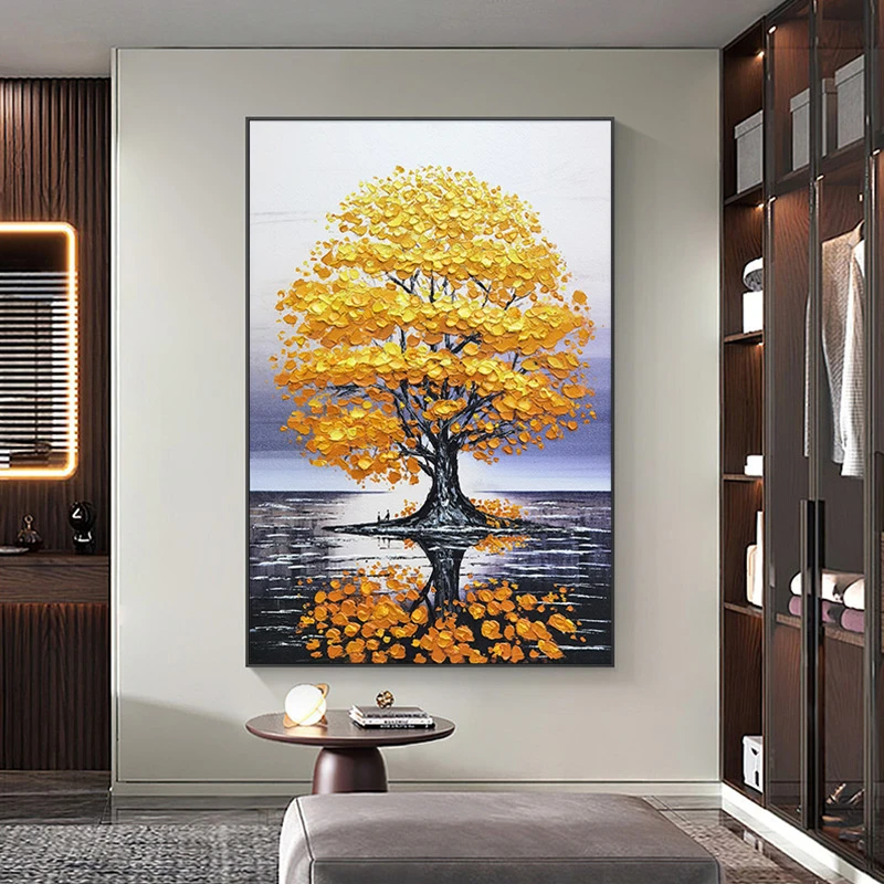 手工油画黄金树入户玄关现代轻奢餐厅装饰画客厅沙发黄金树100150