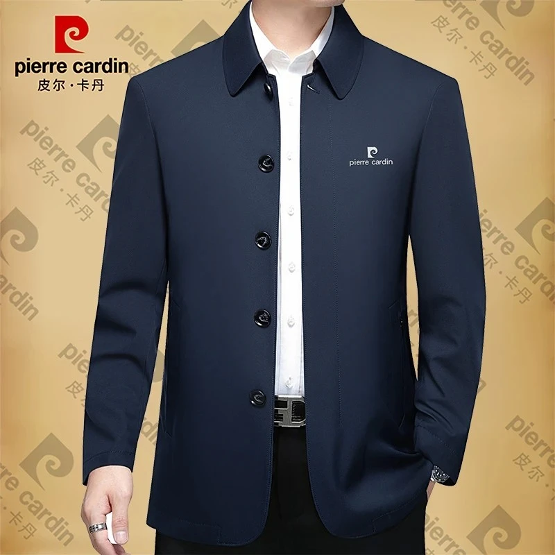 皮尔卡丹男士新款高档翻领夹克纯色茄克男装男士年黑休闲干部夹克