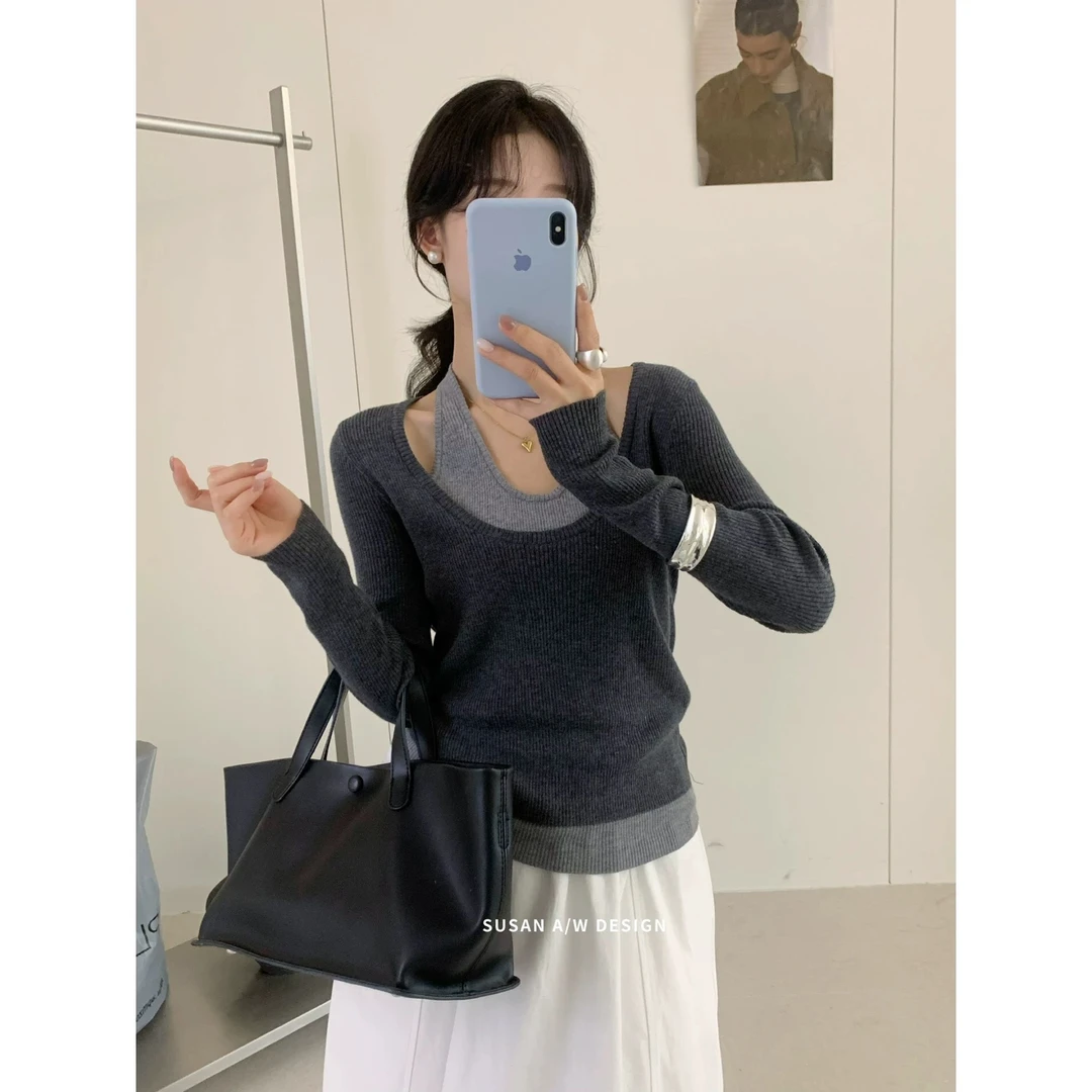 ZPP.秋款百搭气质U领常规款撞色假两件针织衫显瘦短款秋季