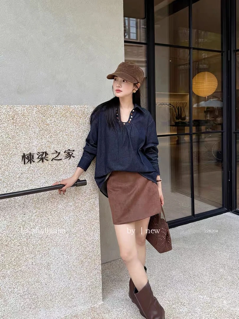 时尚秋季显瘦气质休闲百搭宽松长袖牛仔衬衫 复古风文艺复古纯