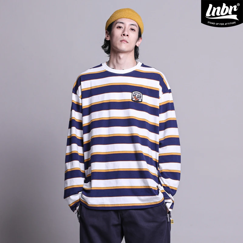 LNBR国潮秋新品休闲复古宽松圆领条纹长袖T恤男女情侣装打底加大