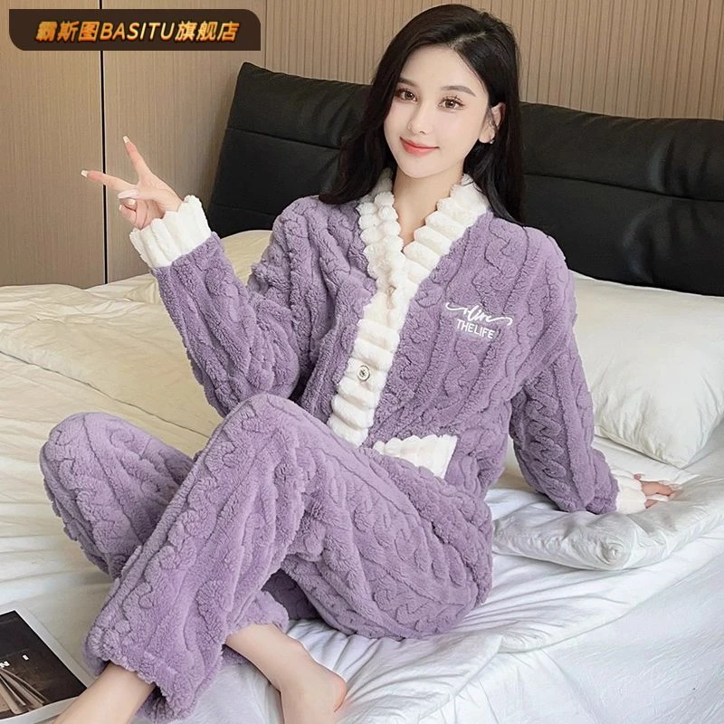 韩版字母休闲珊瑚绒睡衣女秋冬款加绒加厚保暖女款韩版珊瑚绒睡衣