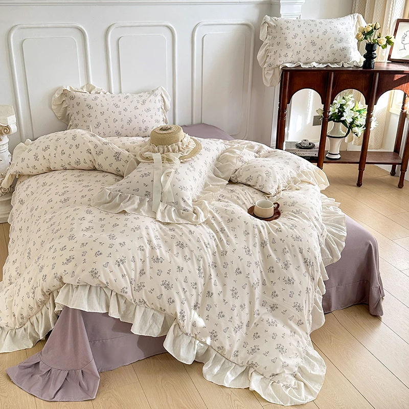 2025韩式公主风花边针织棉四件套柔软双层纱少女心荷叶边床单被套