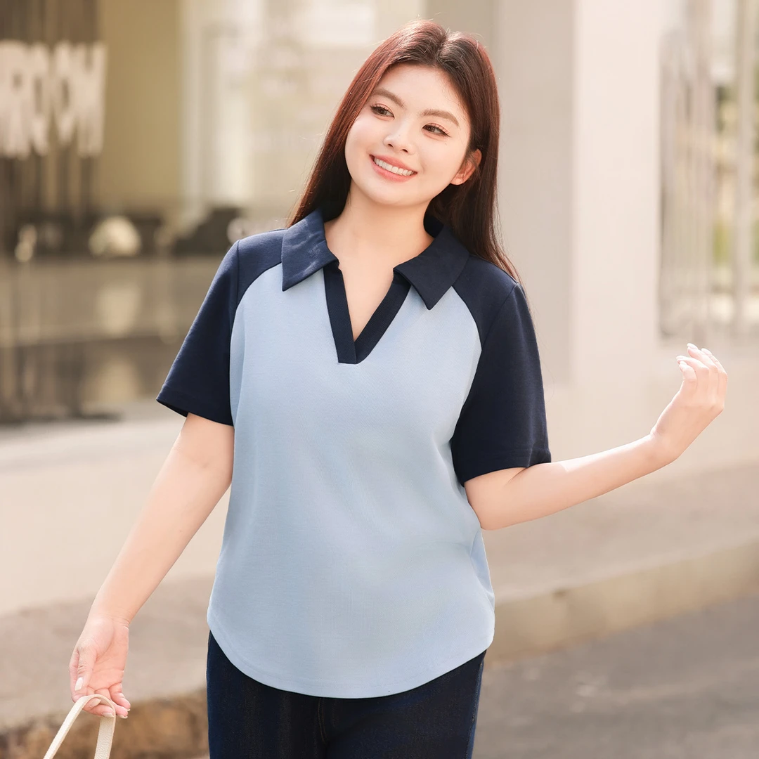 【撞色polo领正肩短袖T恤】MsShe大码女装珠地棉减龄上衣女V2503006