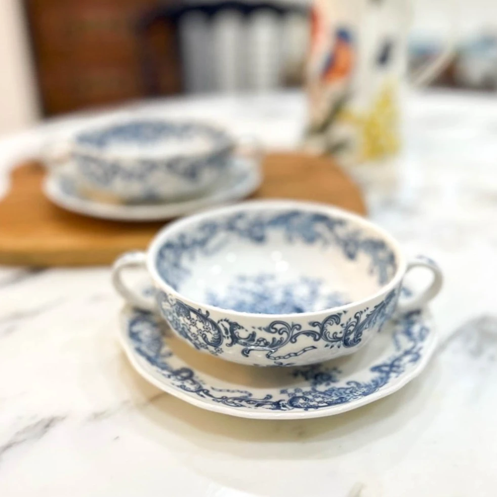 【奇居铜饰】 中古兰花双耳碗碟 陶瓷厨房蓝色碗盘 两碗两碟