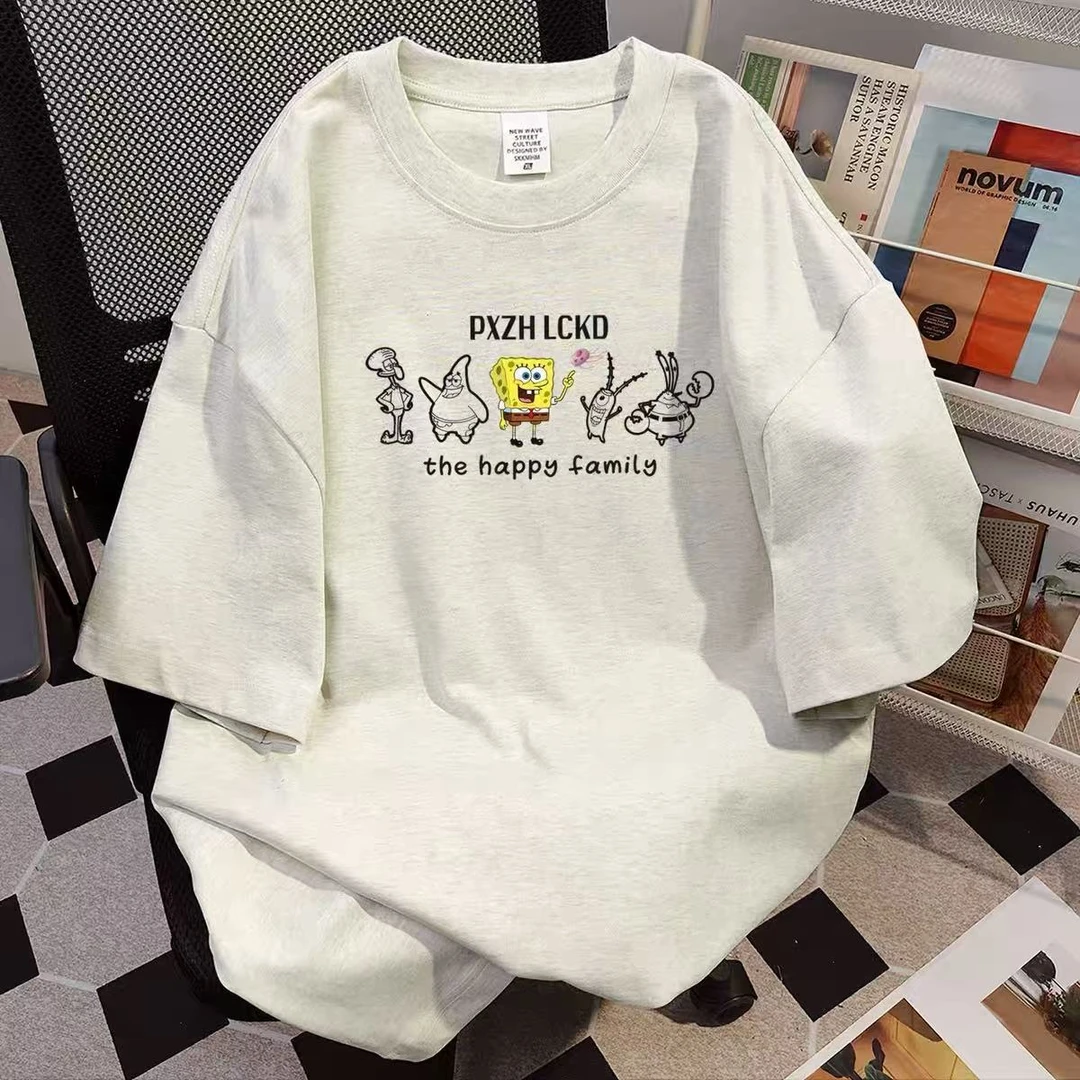 2025纯棉美式ins【海绵宝宝】印花短袖T恤女潮牌夏季宽松简约上衣