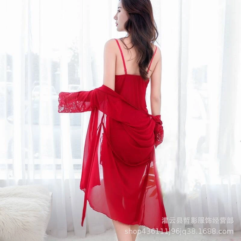 新款性感蕾丝女睡裙领内衣外袍吊带套装家居服睡衣