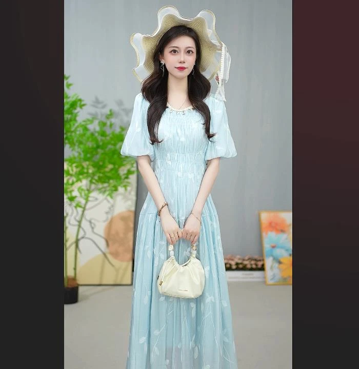 V领不褪色纯色夏季常规款连衣裙气质美丽收腰夏装洋气【0057】