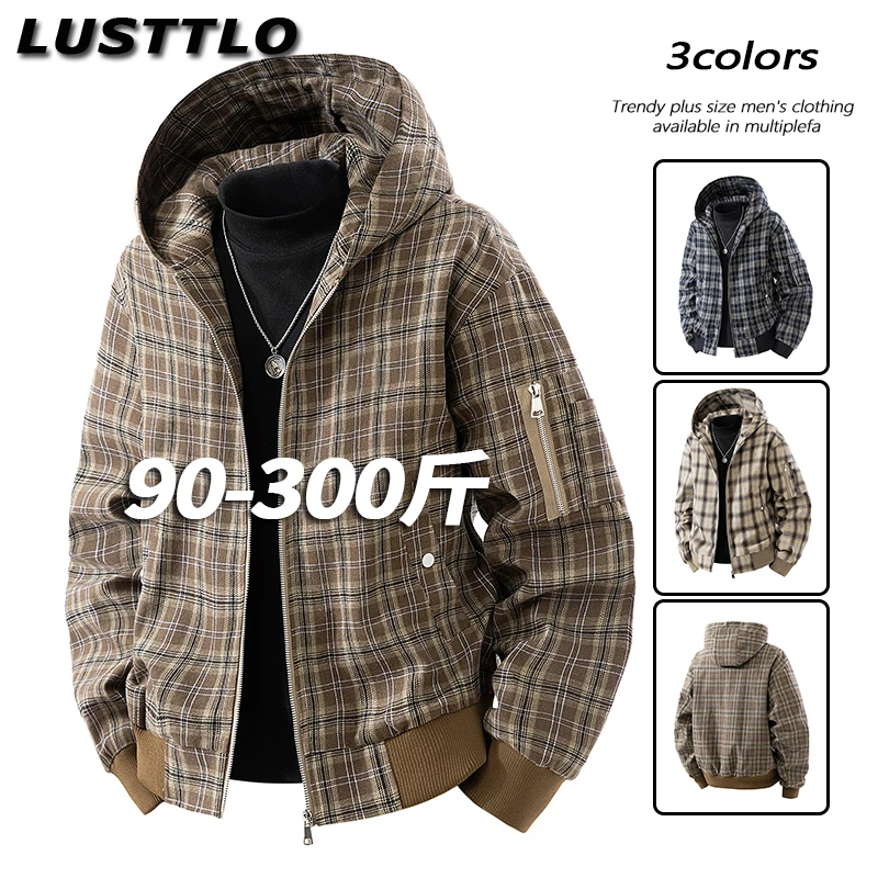男士大码格子外套休闲春秋新款潮流时尚轻奢高档加肥加大连帽夹克