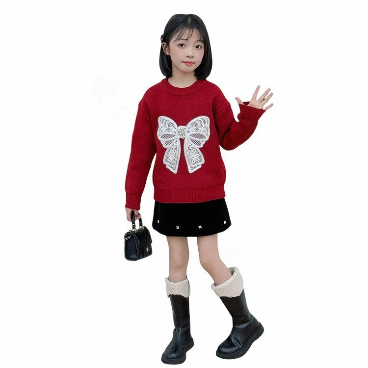 女童蝴蝶结毛衣半身裙套装保暖新款加厚红色针织衫新年衣服潮