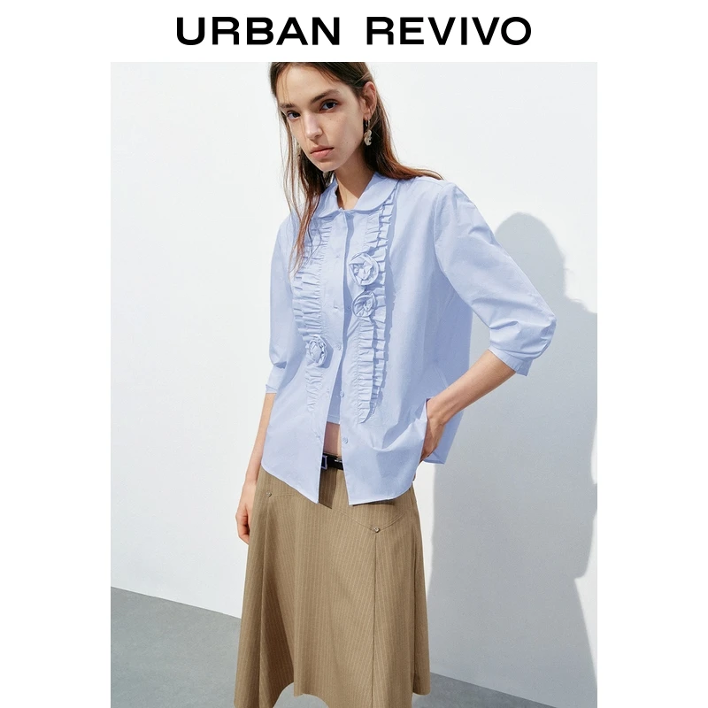 【HOT】UR2025秋季新款女装木耳边堆叠棉质开襟衬衫UYL250119