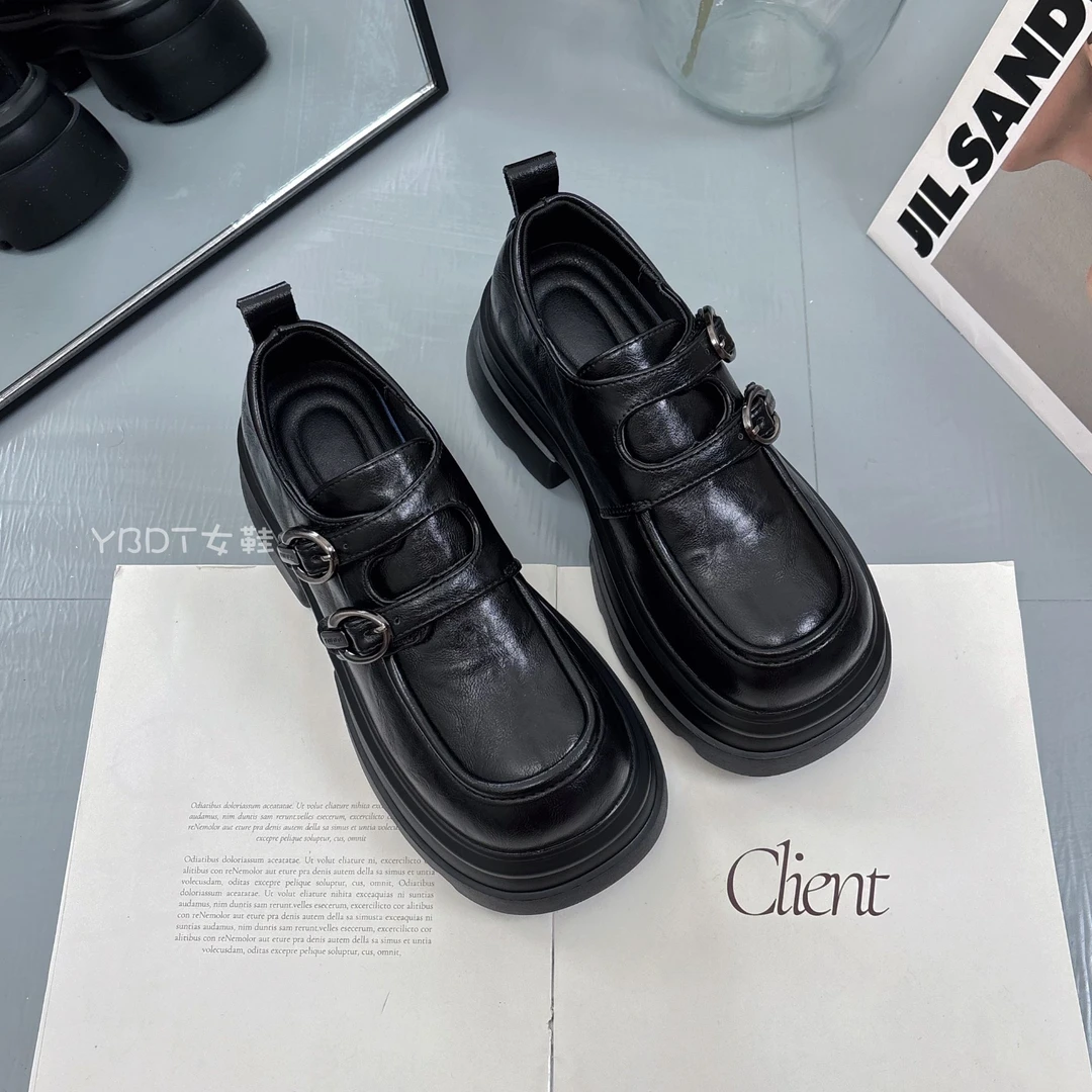 乐福鞋女秋季新款英伦风魔术贴黑色厚底小皮鞋百搭圆头jk粗跟单鞋