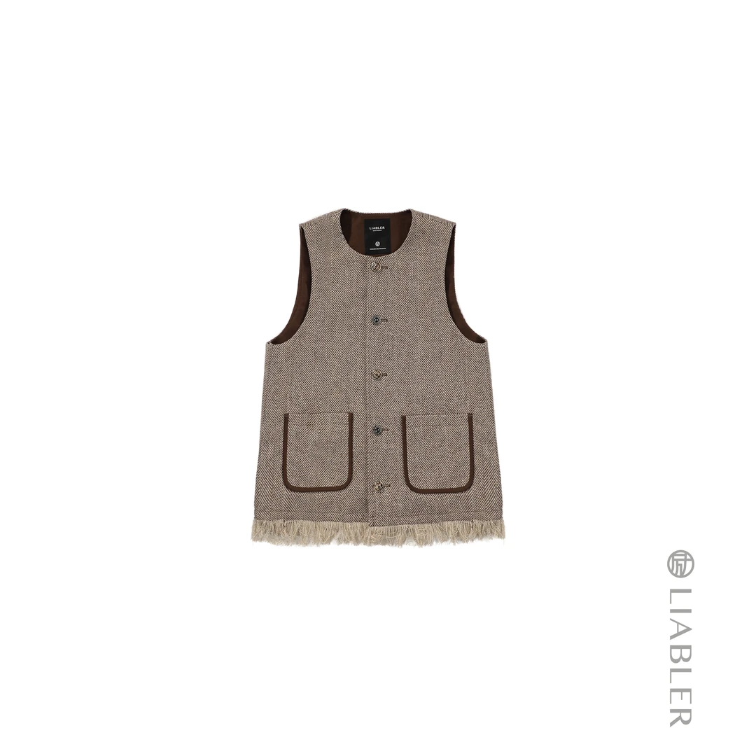 LIABLER/励【暖玉落】2025春夏亮丝人字纹须边中式马甲 LAW24484J