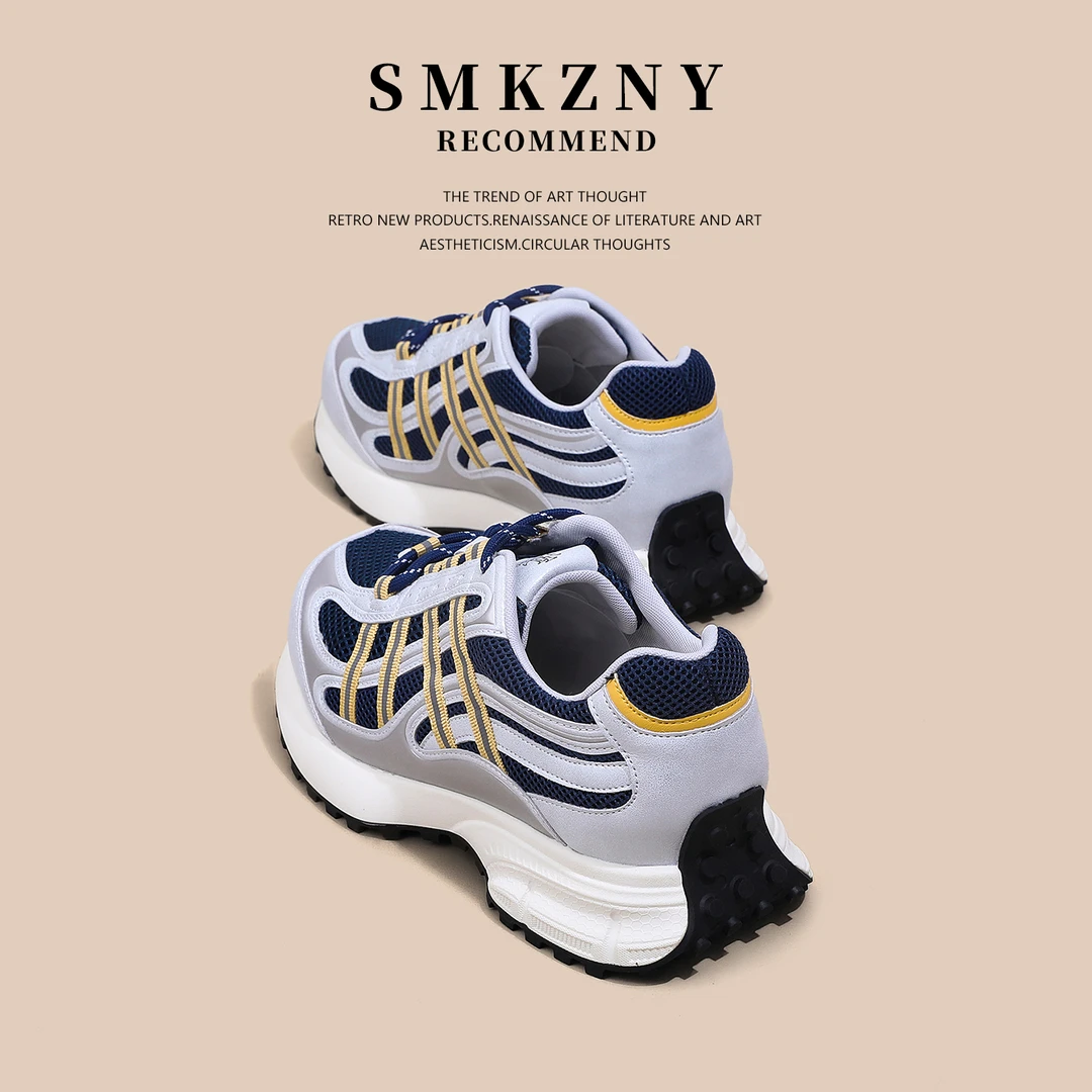 蓝色真皮厚底老爹鞋女薄款网纱透气百搭轻便休闲阿甘德训鞋B676-3