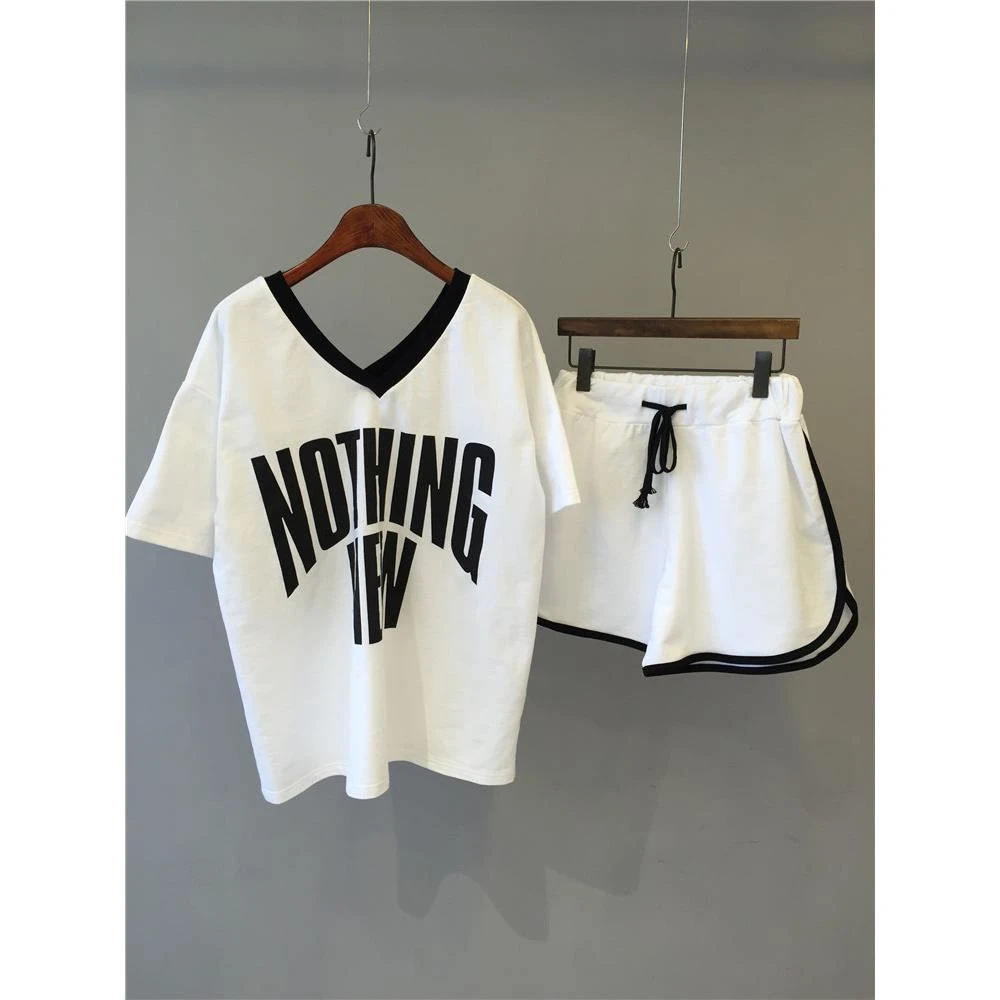 轻奢夏季宽松白色纯棉时尚休闲运动套装女V领短袖T恤短裤两件套潮