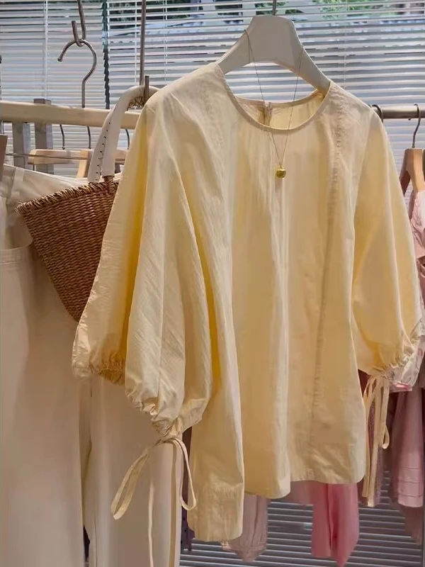 美貌色系！绝绝子!鹅黄色丝绵系带娃娃衫上衣女夏季新款泡泡袖衬衫