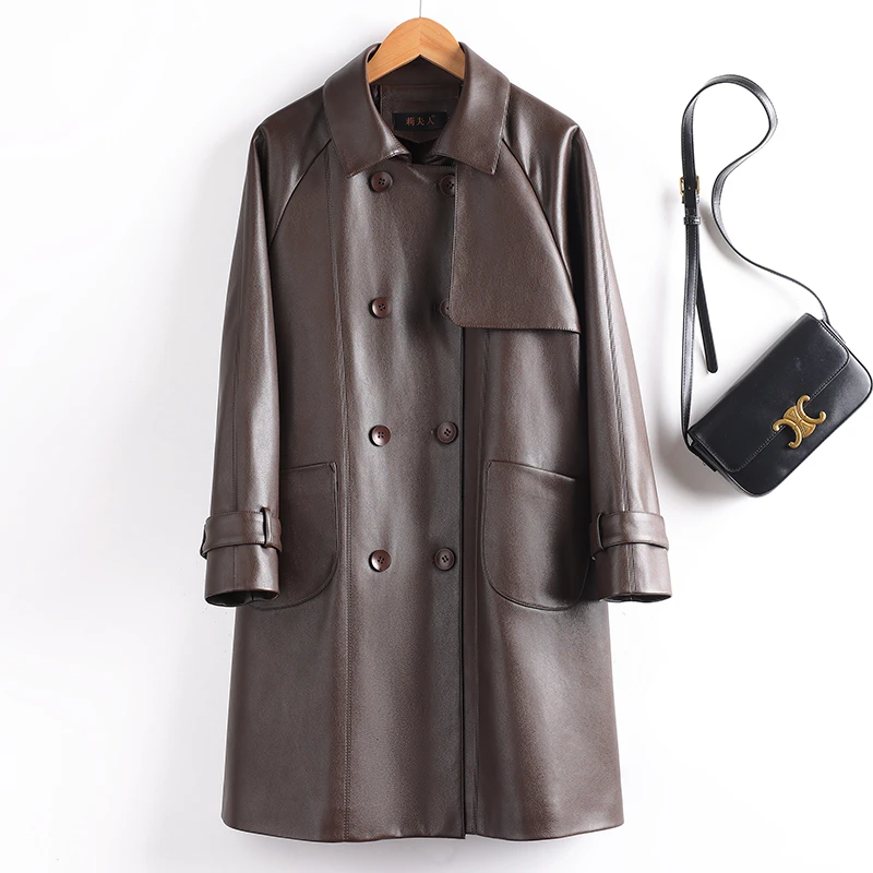 海宁皮衣女中长款宽松双排扣皮风衣271