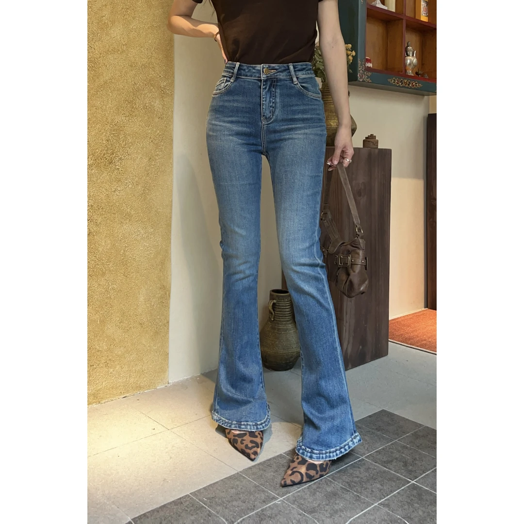 KIKI严选：35168-YER家欧货南油秋冬口袋烫钻绣花马蹄裤百搭牛仔裤