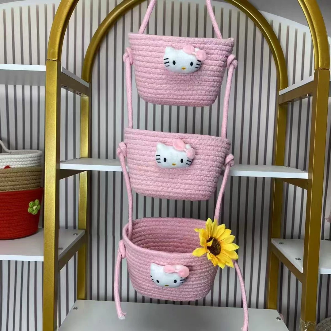 粉色Hello Kitty凯蒂猫多色棉绳收纳三层挂篮壁挂式编制甜美