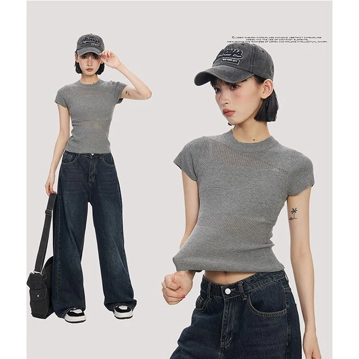 灰色镂空短袖t恤女夏季短款辣妹修身紧身正肩薄款半高领上衣