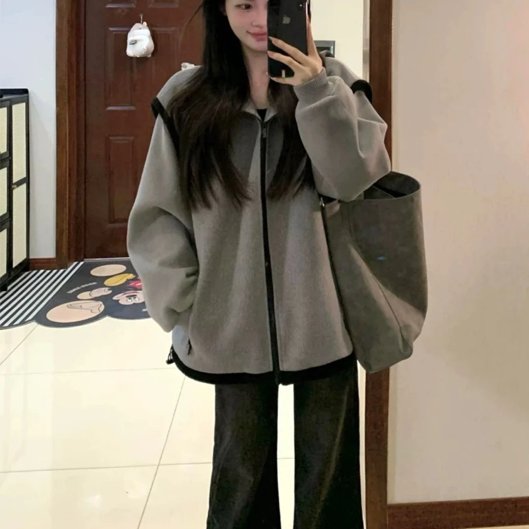 美式高级感毛呢外套女秋冬潮牌韩系设计感小众宽松拼接棒球服075