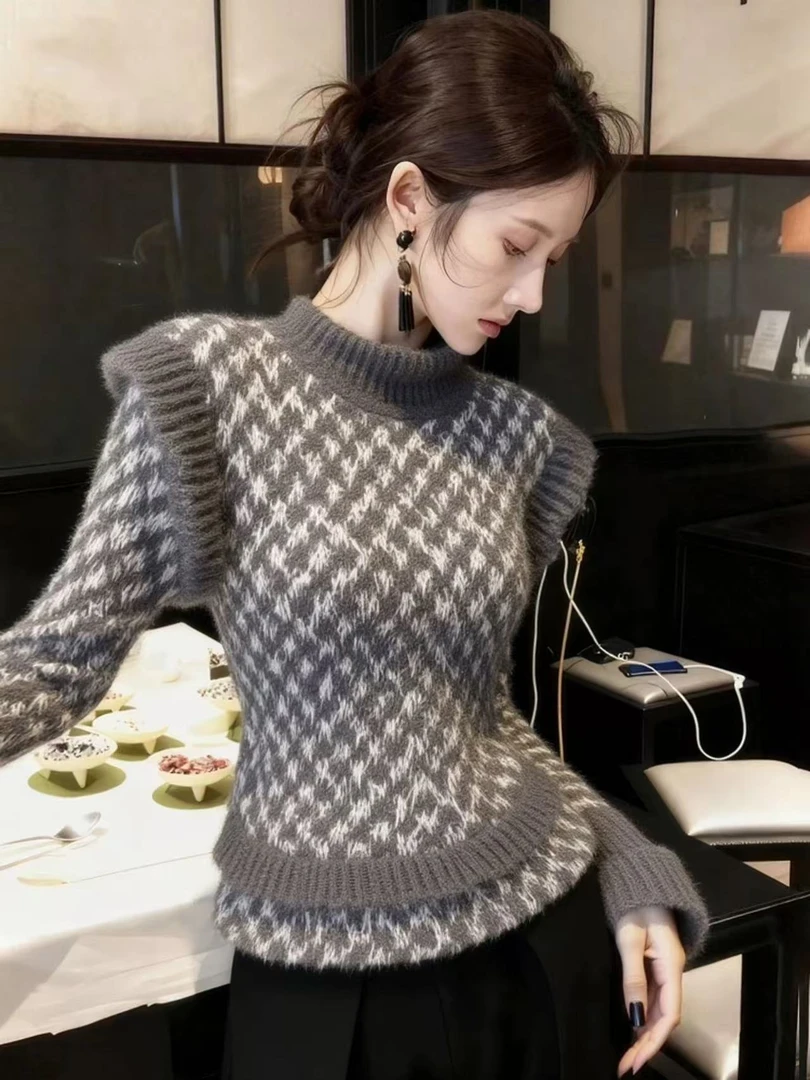 SS5349法式气质高级感灰色毛衣冬高领百搭喇叭袖显白减龄好看上衣