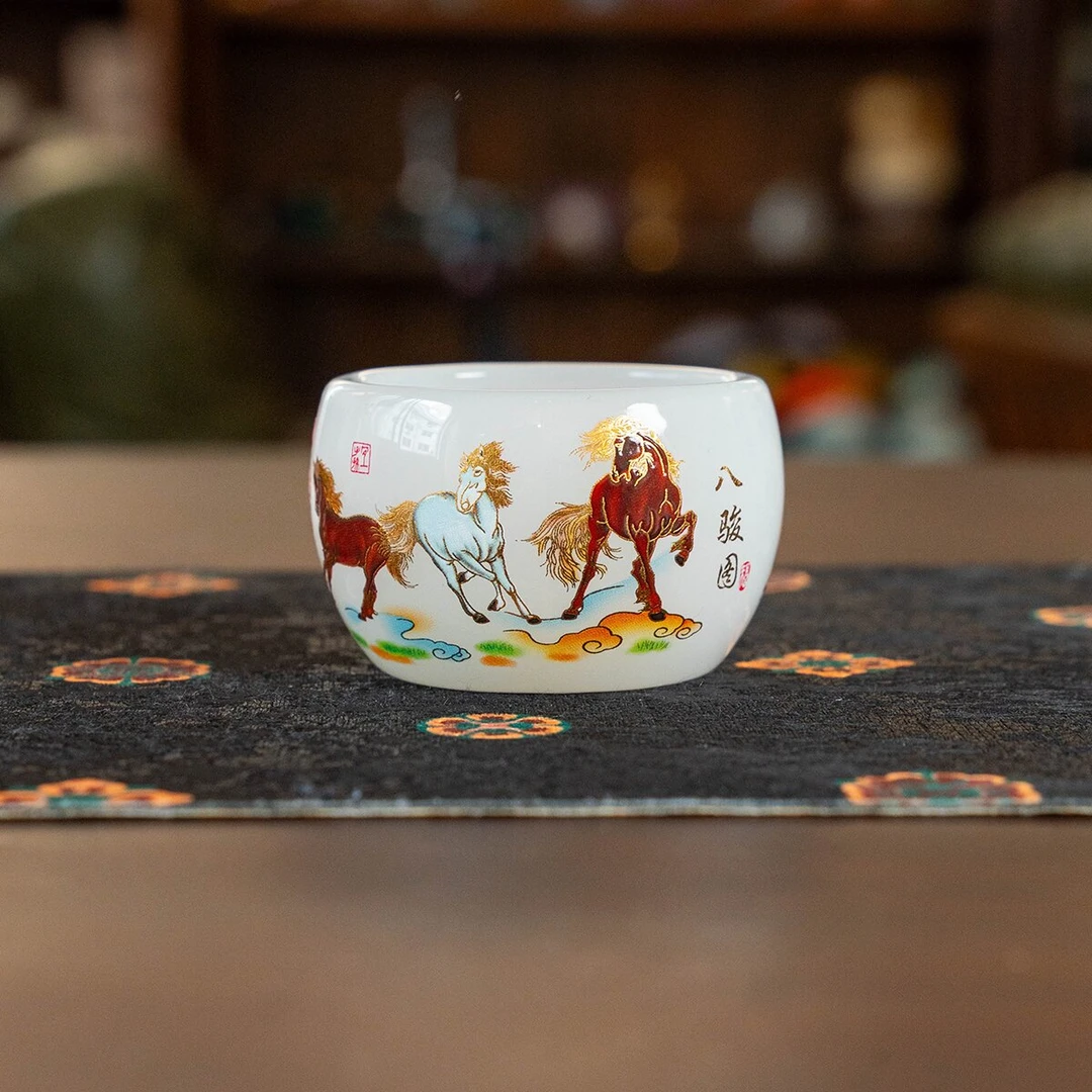 小白琉璃茶具高档【金边彩八骏图】C0364