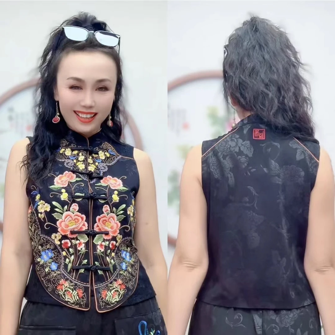 （衣长50）马甲女国风刺绣马夹背心上衣外套无袖盘扣上衣女6109