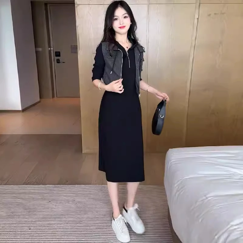 时尚连衣裙套装女2025春季新款洋气显瘦连帽马甲外套卫衣裙两件套