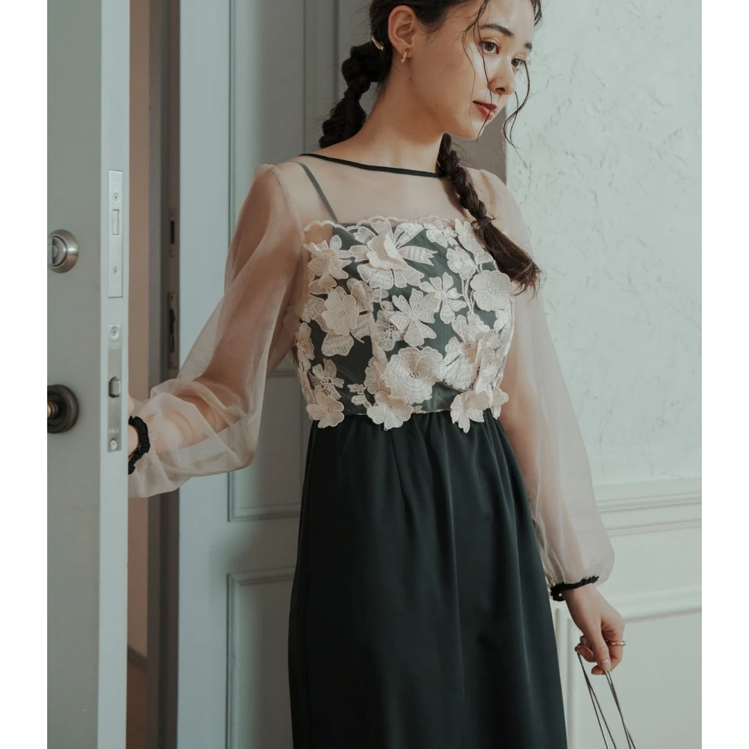 【TaKuMi】日系品牌 秋季新款 K 联名款 花卉图案薄纱婚纱连衣裙