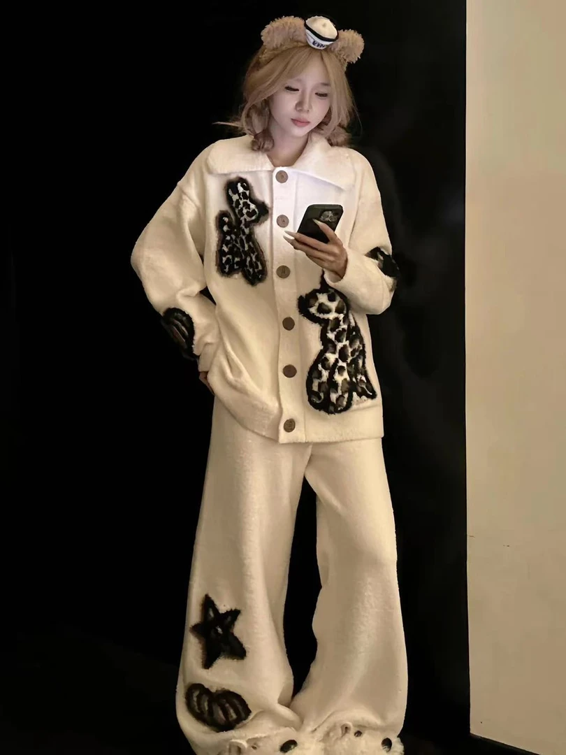 复古豹纹半边绒黑白百搭睡衣女2025秋冬季新款加绒加厚套装家居服