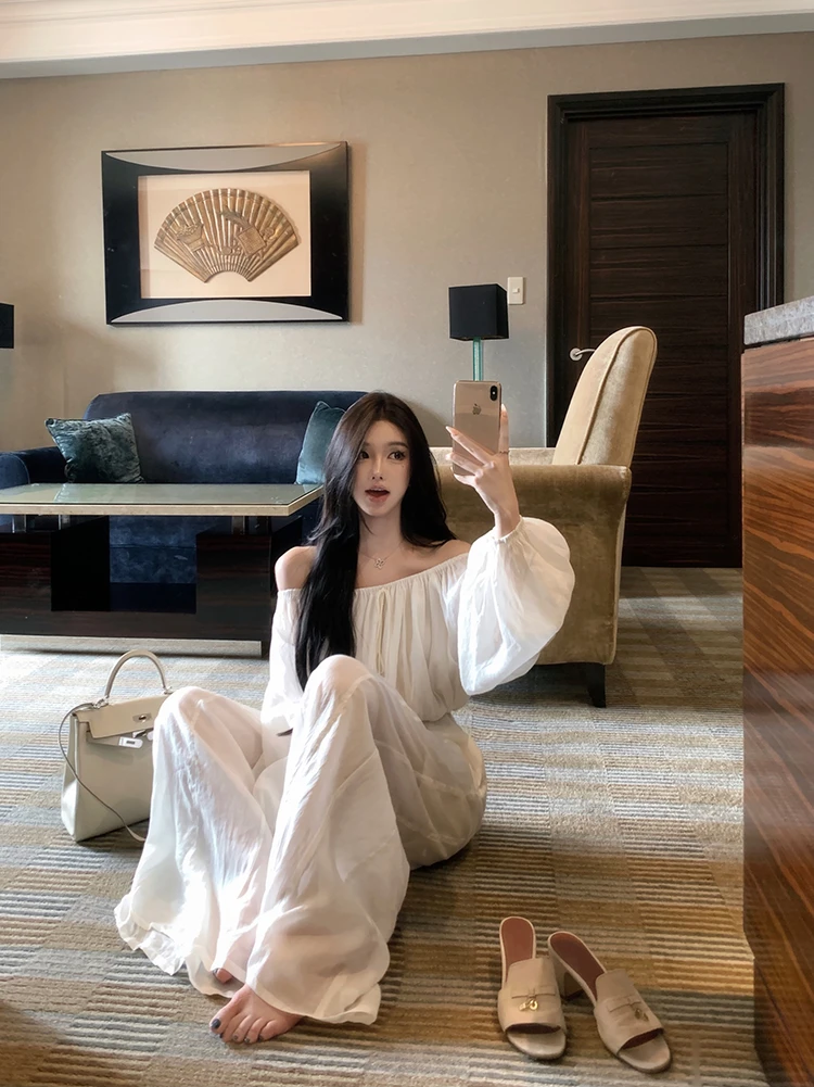 松弛感纯欲风性感辣妹一字肩灯笼袖上衣薄款宽松显瘦阔腿裤两件套