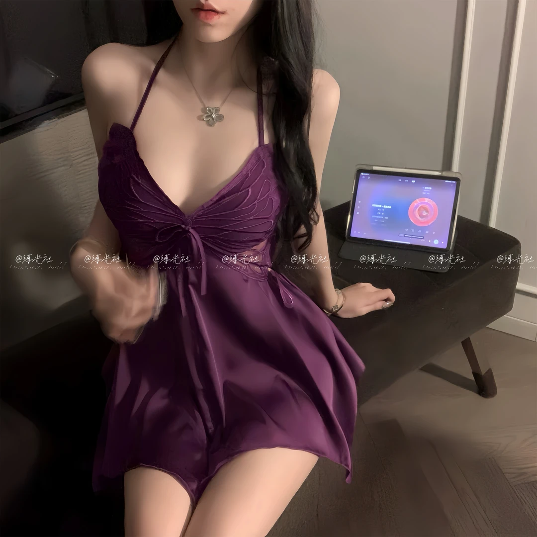 缚光社」醉酒蝴蝶•带胸垫蝴蝶结冰丝蕾丝吊带纯欲性感女款睡衣
