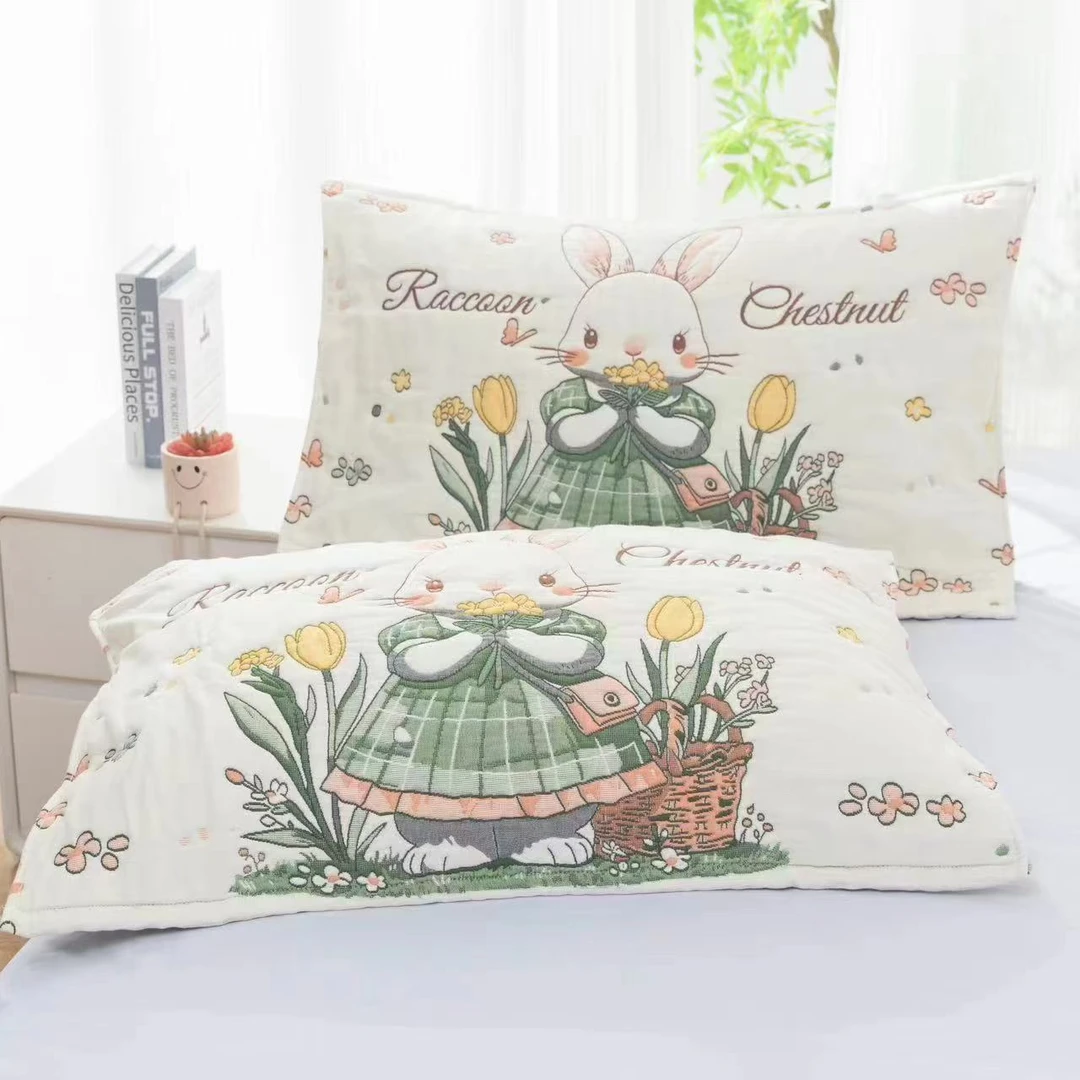 鲜花小兔枕巾52×78一对装纱布夹棉家用吸汗透气简约盖巾柔软加厚