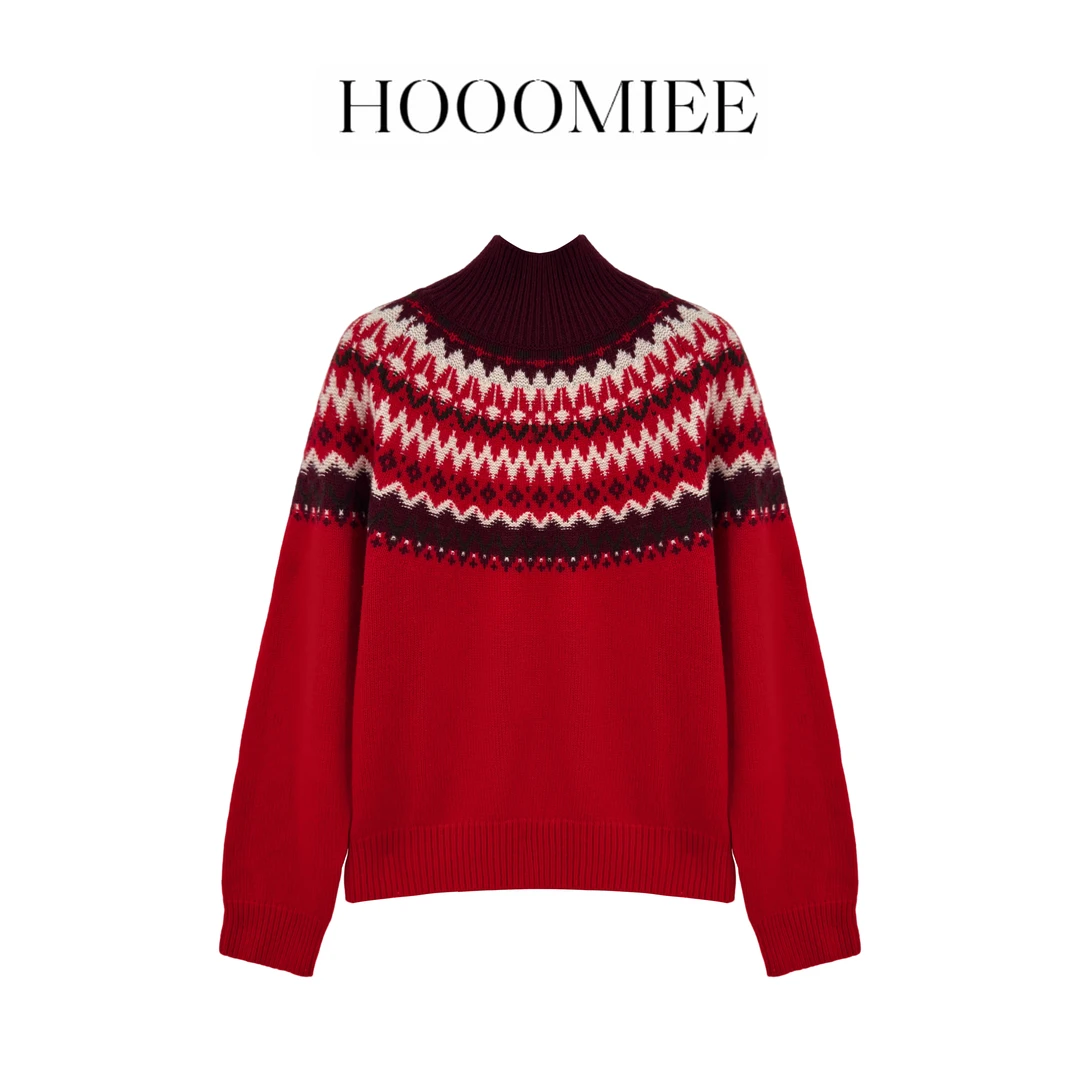 Hooomiee 节日气氛 羊毛羊绒费尔岛红保暖高领女士毛衣YS24283